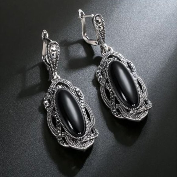 Bohemian Black Stone Earrings Tibetan Silver - Picture 1 of 3